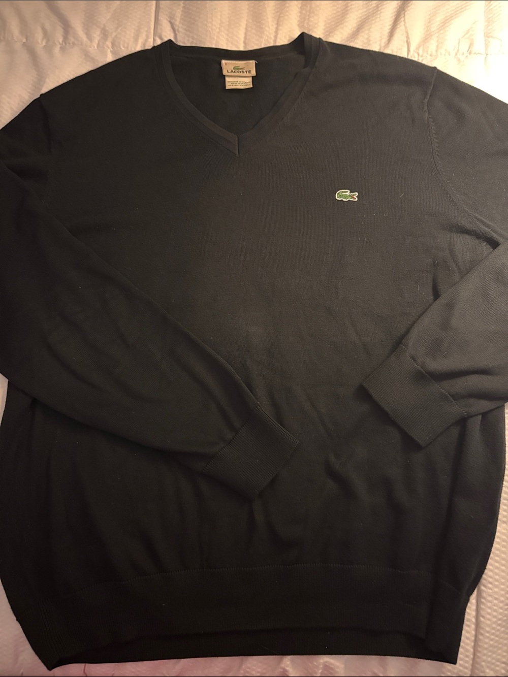 Lacoste Men's Black V-Neck Sweater with Green Crocodile Logo